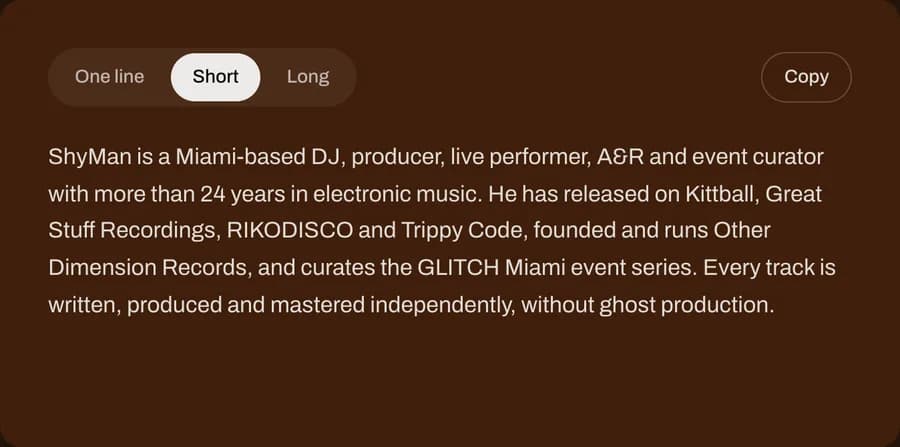Bio in three lengths, one tap to copy