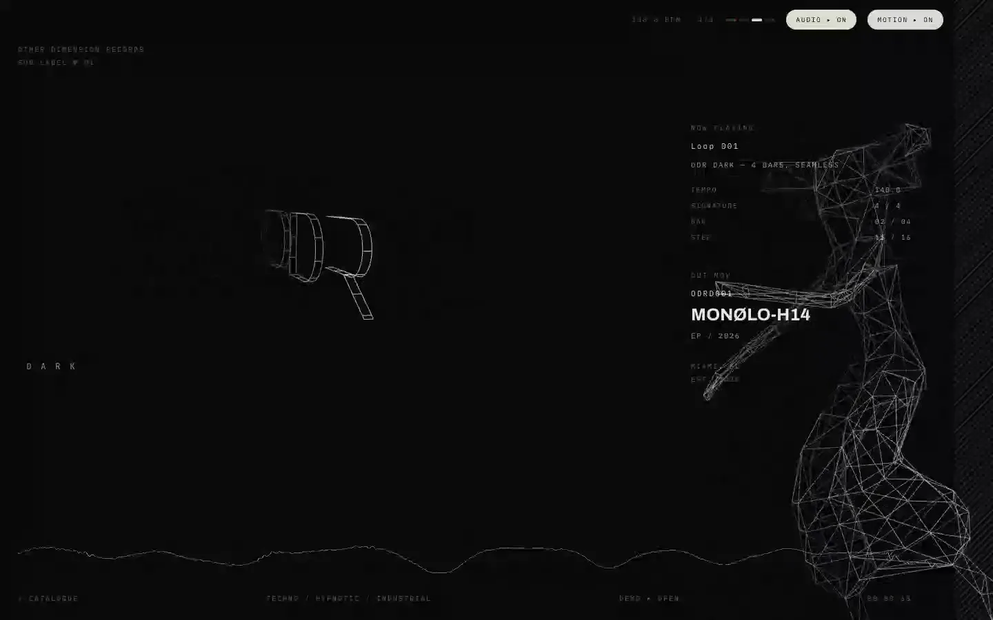 ODR Dark website, wireframe figure on black